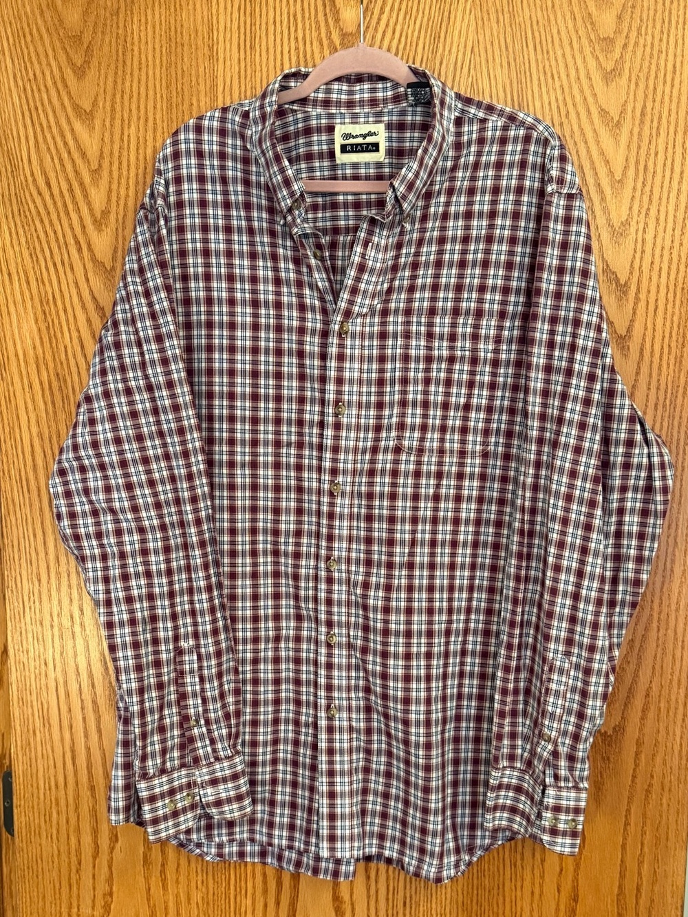 Wrangler Men’s Maroon and White Plaid Button-Down Shirt